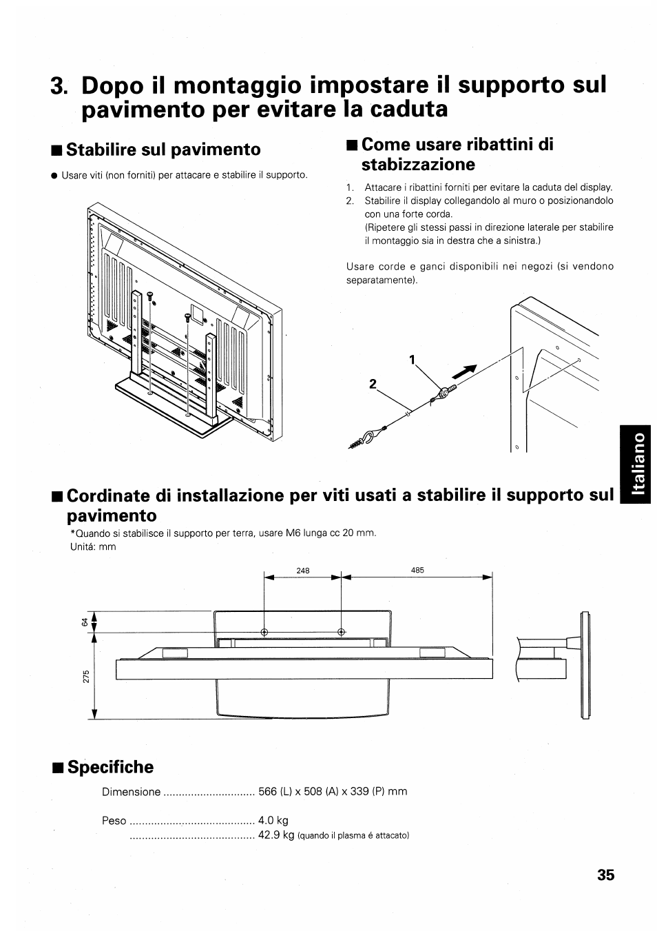 Stabilire sul pavimento, Come usare ribattini di stabizzazione, Specifiche | Pioneer PDK-TS01 User Manual | Page 35 / 64