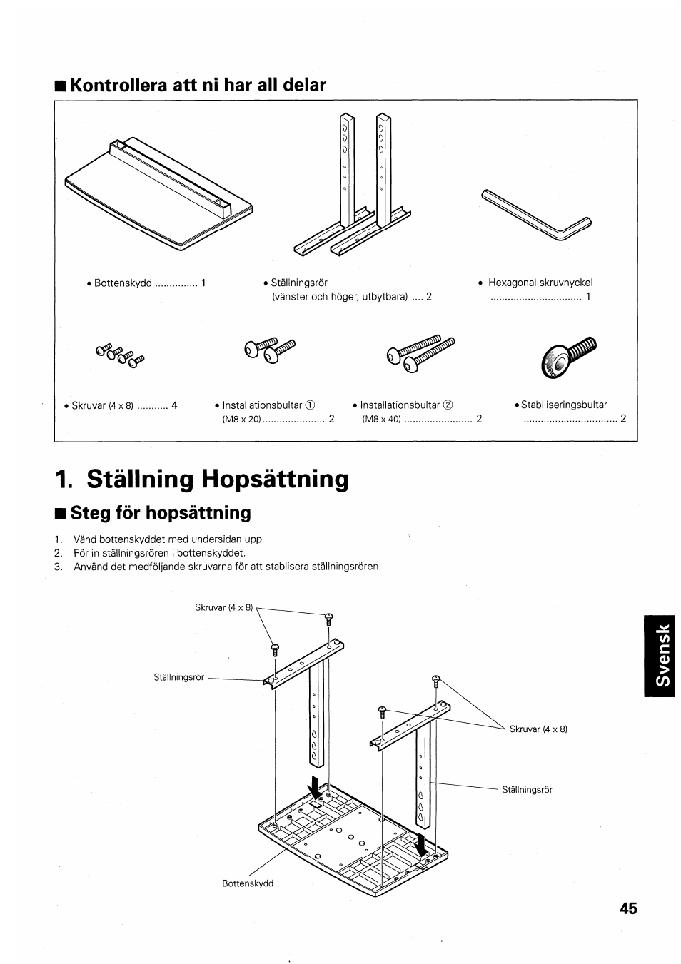 Kontrollera att ni har all delar, Ställning hopsättning, Steg för hopsättning | Pioneer PDK-TS01 User Manual | Page 45 / 64