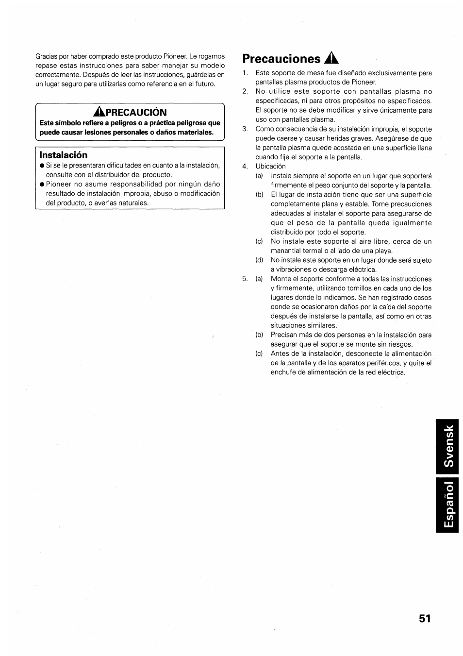 Precauciones a, Precauciones | Pioneer PDK-TS01 User Manual | Page 51 / 64