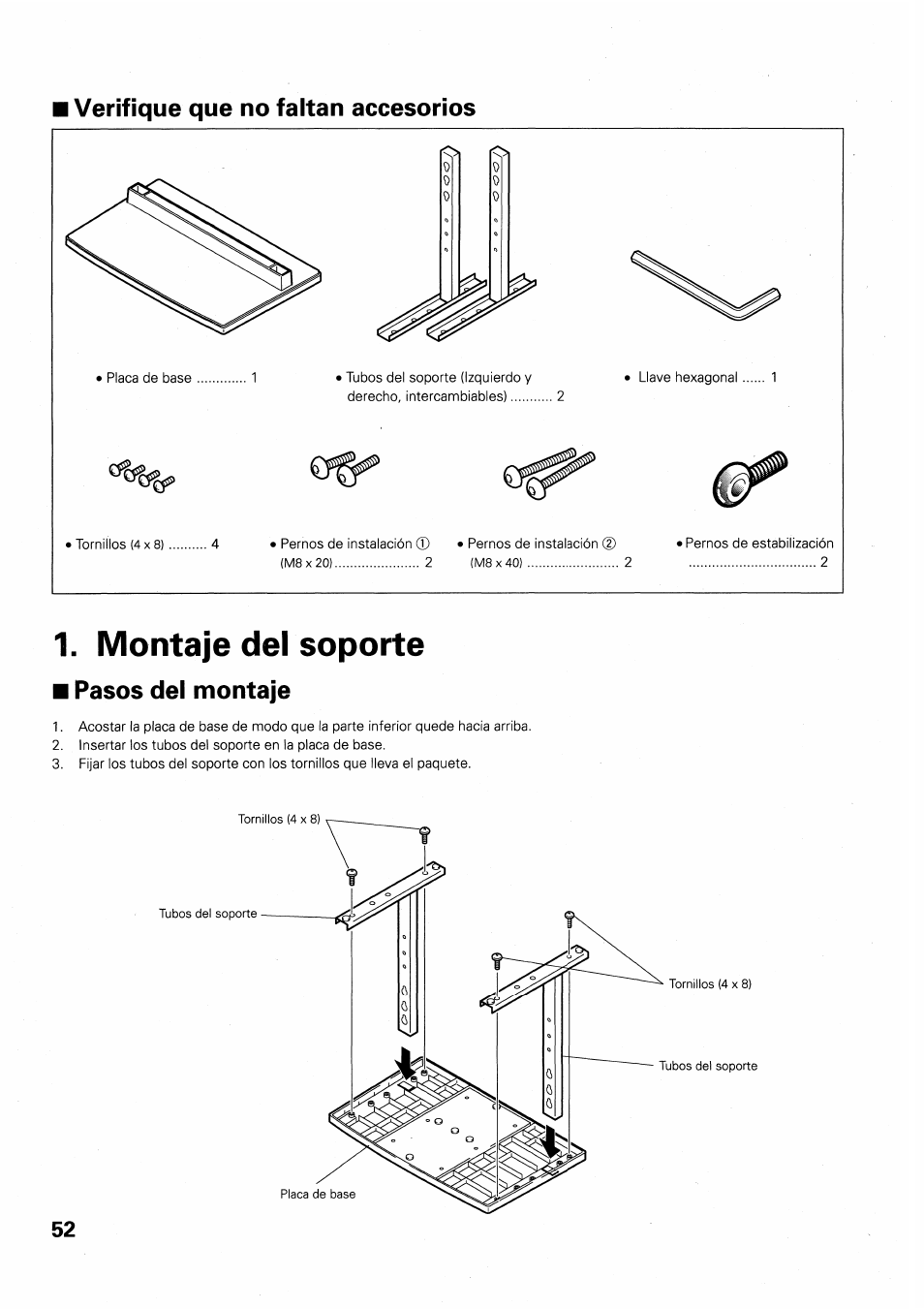 Verifique que no faltan accesorios, Montaje del soporte, Pasos del montaje | Pioneer PDK-TS01 User Manual | Page 52 / 64