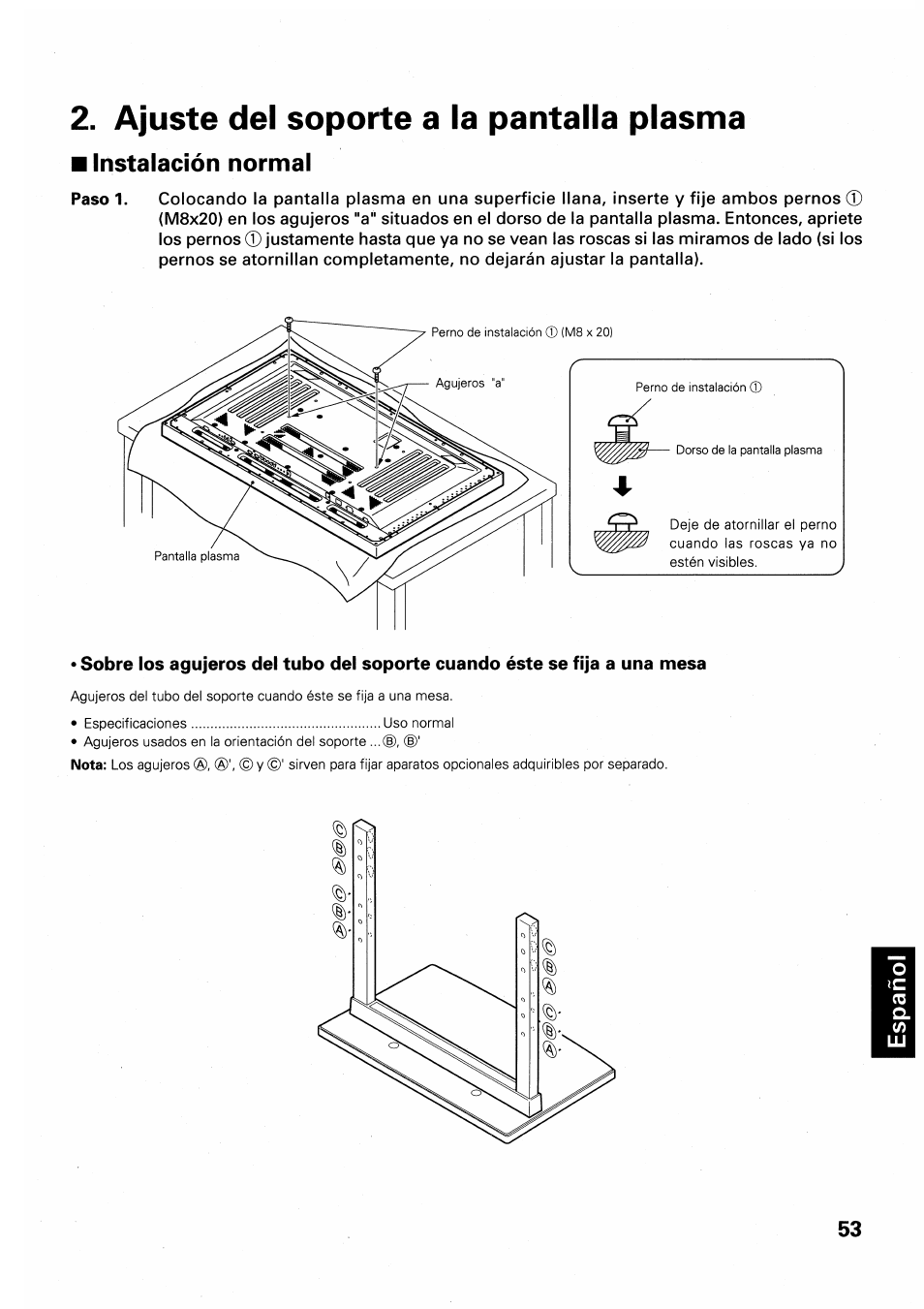 Ajuste del soporte a la pantalla plasma, Instalación normal | Pioneer PDK-TS01 User Manual | Page 53 / 64