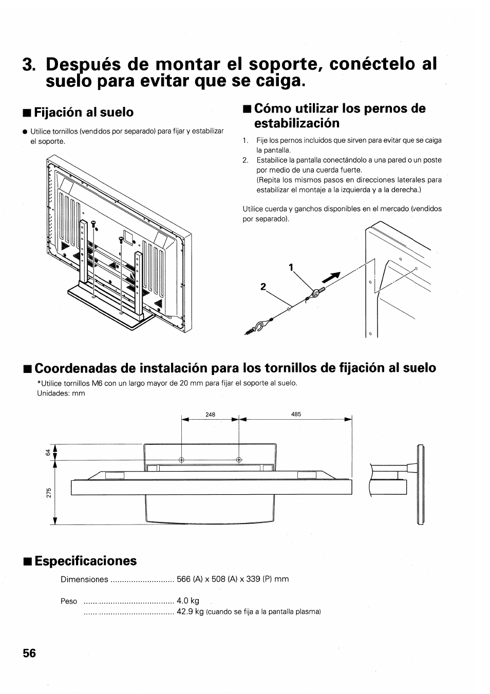 Fijación al suelo, Cómo utilizar los pernos de estabilización, Especificaciones | Pioneer PDK-TS01 User Manual | Page 56 / 64