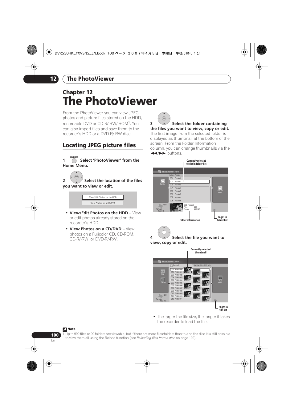 12 the photoviewer, Locating jpeg picture files, The photoviewer | The photoviewer 12, Chapter 12 | Pioneer DVR-550H-K User Manual | Page 100 / 142