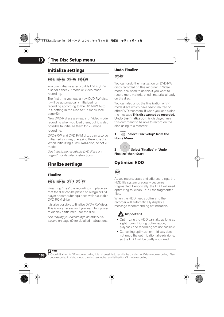 Initialize settings, Finalize settings, Optimize hdd | The disc setup menu 13 | Pioneer DVR-550H-K User Manual | Page 108 / 142