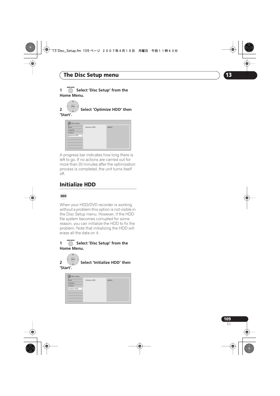 Initialize hdd, The disc setup menu | Pioneer DVR-550H-K User Manual | Page 109 / 142