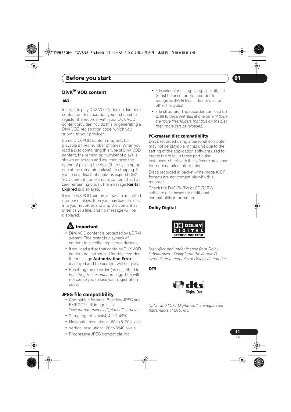 Before you start | Pioneer DVR-550H-K User Manual | Page 11 / 142