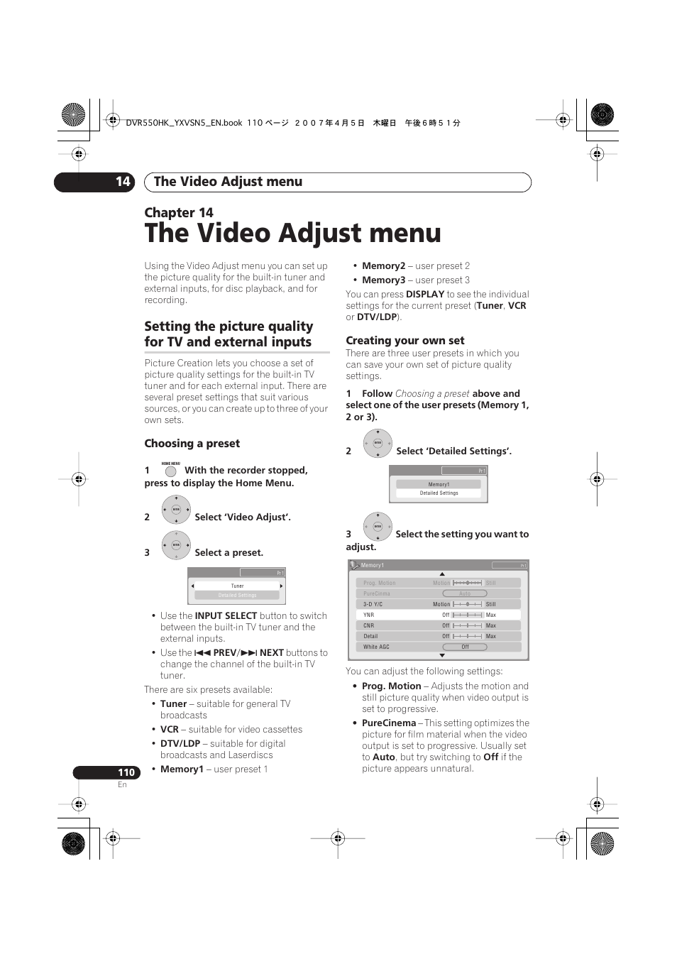 14 the video adjust menu, The video adjust menu, The video adjust menu 14 | Chapter 14, Setting the picture quality, For tv and external inputs | Pioneer DVR-550H-K User Manual | Page 110 / 142