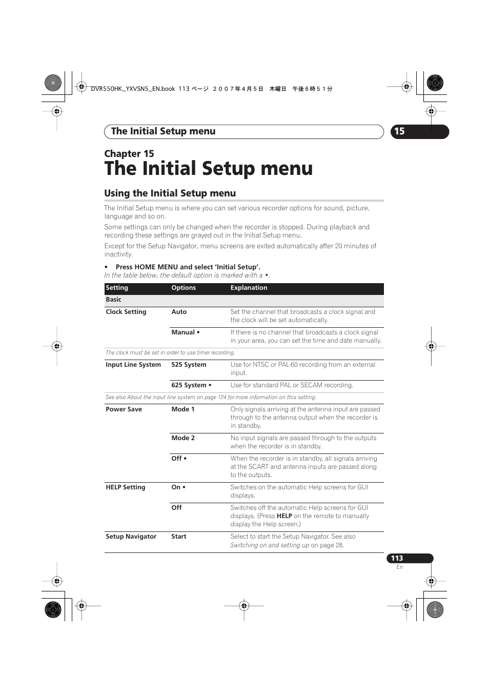 15 the initial setup menu, Using the initial setup menu, The initial setup menu | 15 chapter 15 | Pioneer DVR-550H-K User Manual | Page 113 / 142