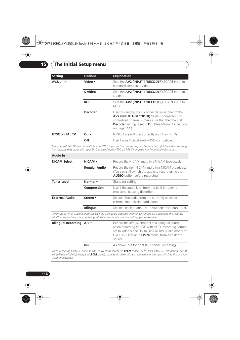 The initial setup menu 15 | Pioneer DVR-550H-K User Manual | Page 116 / 142