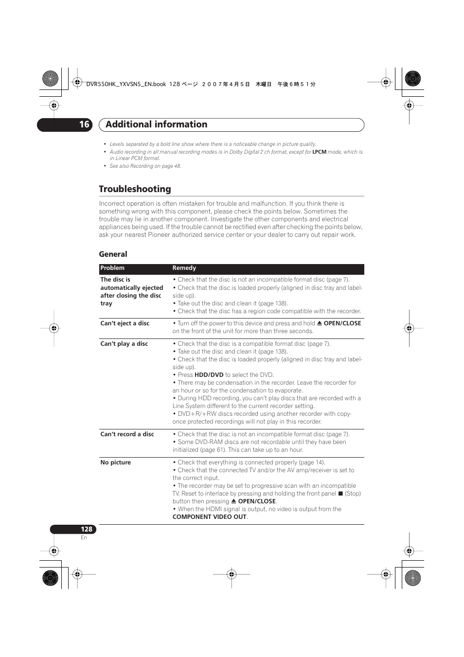 Troubleshooting, Additional information 16, General | Pioneer DVR-550H-K User Manual | Page 128 / 142