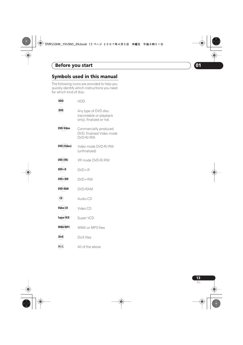 Symbols used in this manual, Before you start | Pioneer DVR-550H-K User Manual | Page 13 / 142