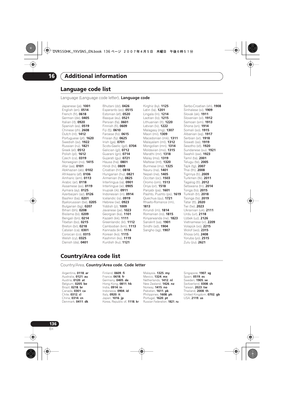Language code list, Country/area code list, Additional information 16 | Pioneer DVR-550H-K User Manual | Page 136 / 142