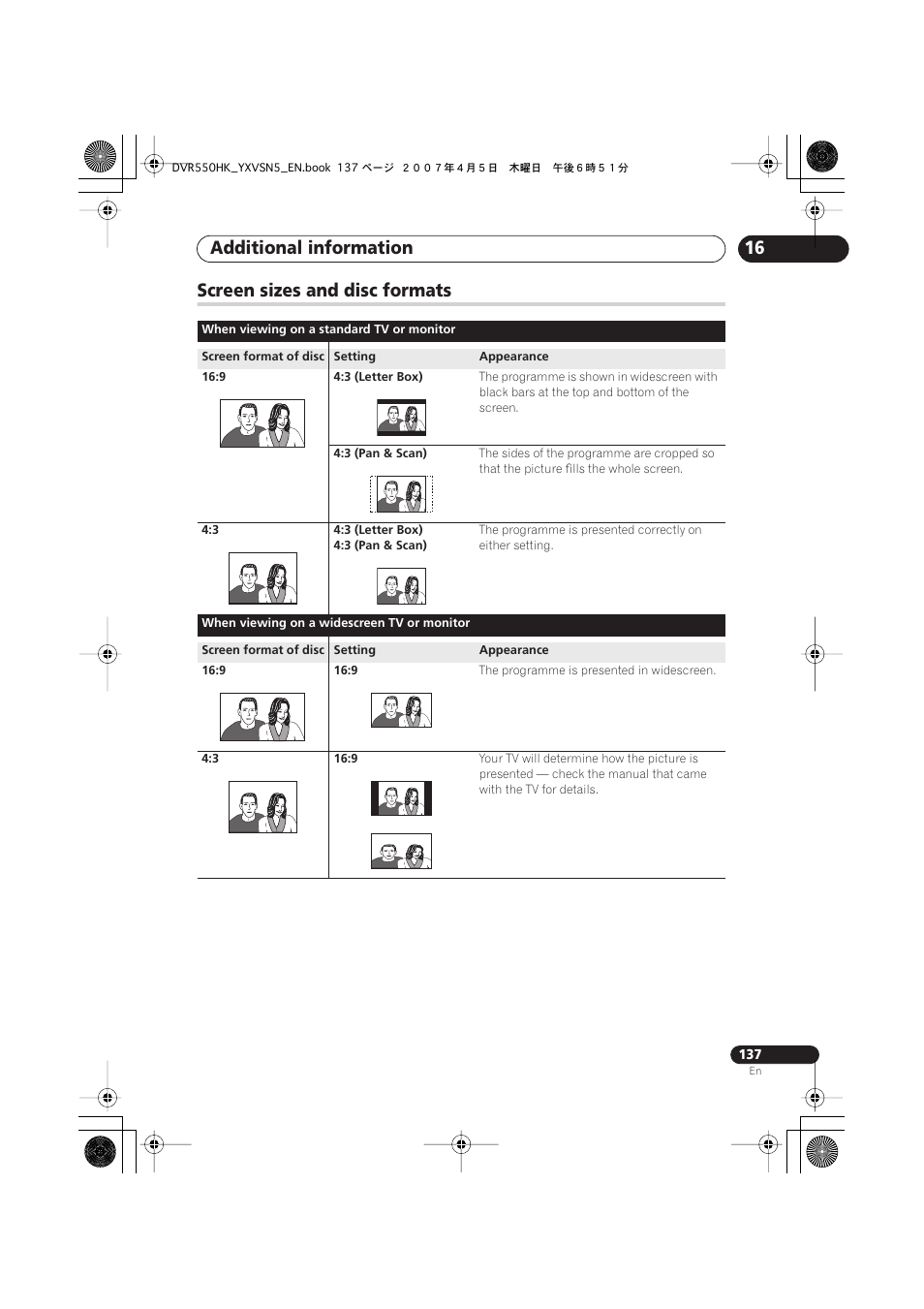 Screen sizes and disc formats, Additional information | Pioneer DVR-550H-K User Manual | Page 137 / 142