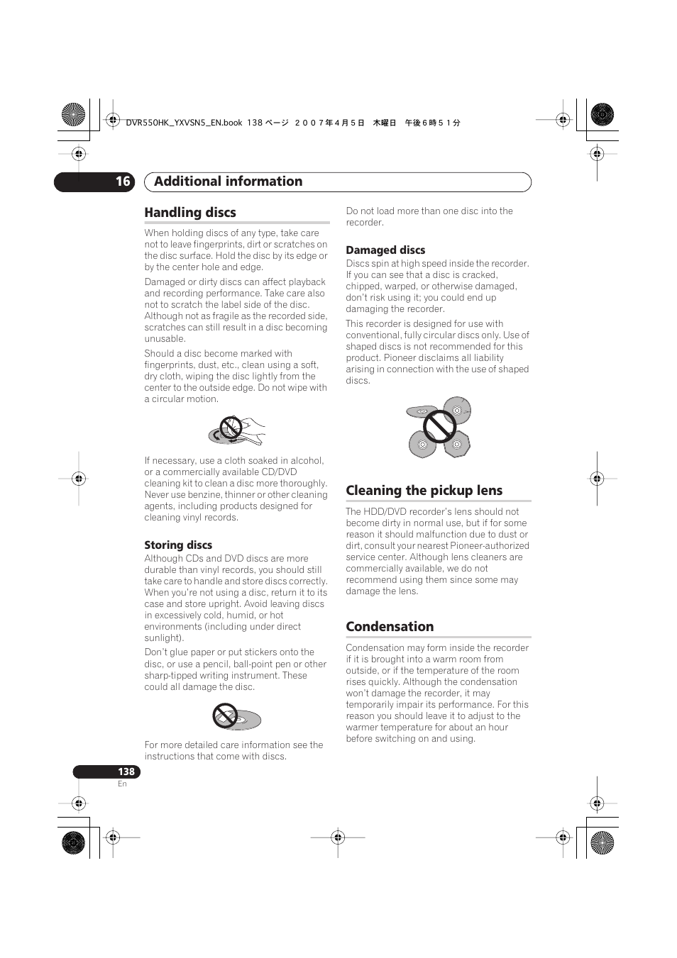 Handling discs, Cleaning the pickup lens, Condensation | Additional information 16 | Pioneer DVR-550H-K User Manual | Page 138 / 142