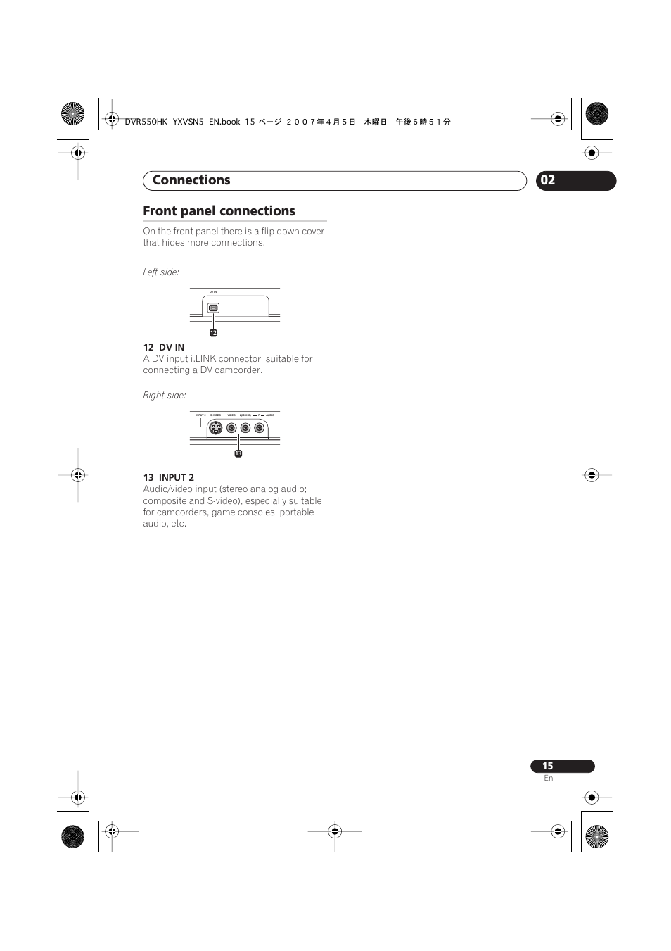 Front panel connections, Connections | Pioneer DVR-550H-K User Manual | Page 15 / 142