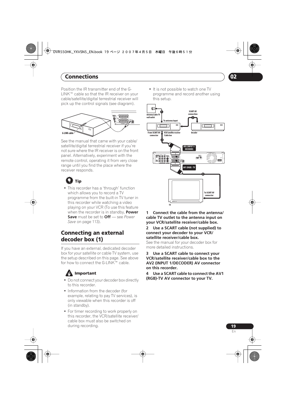Connecting an external decoder box (1), Connections, Connecting an external | Decoder box (1), Coaxial hdmi out, Output input 3 | Pioneer DVR-550H-K User Manual | Page 19 / 142