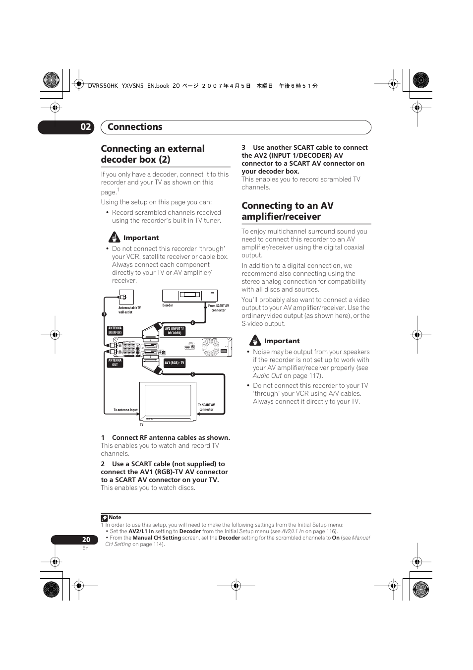 Connecting an external decoder box (2), Connecting to an av amplifier/ receiver, Connections 02 | Connecting an external, Decoder box (2), Connecting to an av, Amplifier/receiver | Pioneer DVR-550H-K User Manual | Page 20 / 142