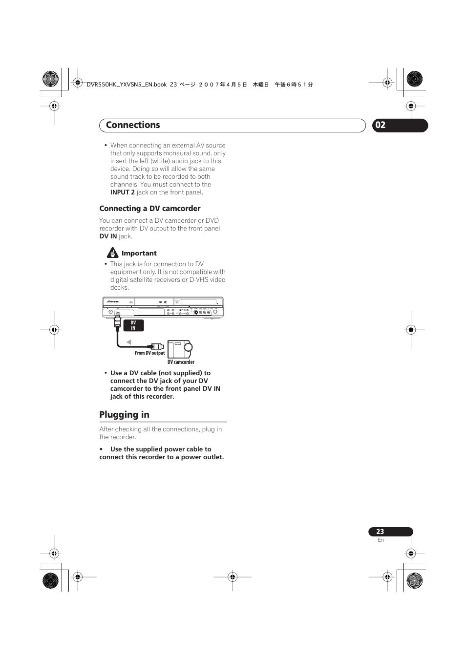 Plugging in, Connections | Pioneer DVR-550H-K User Manual | Page 23 / 142