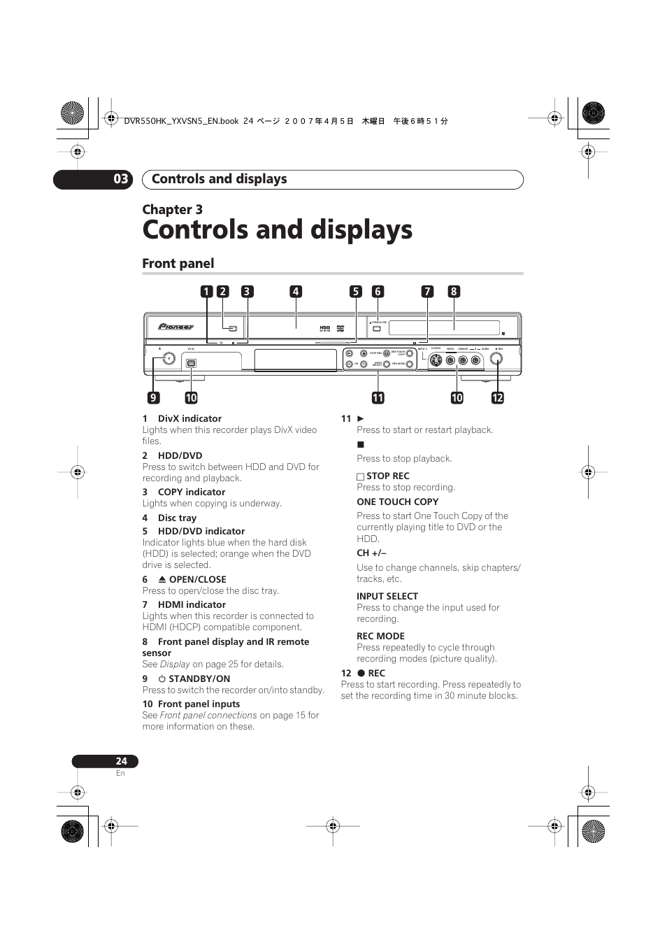 03 controls and displays, Front panel, Controls and displays | Controls and displays 03, Chapter 3 | Pioneer DVR-550H-K User Manual | Page 24 / 142