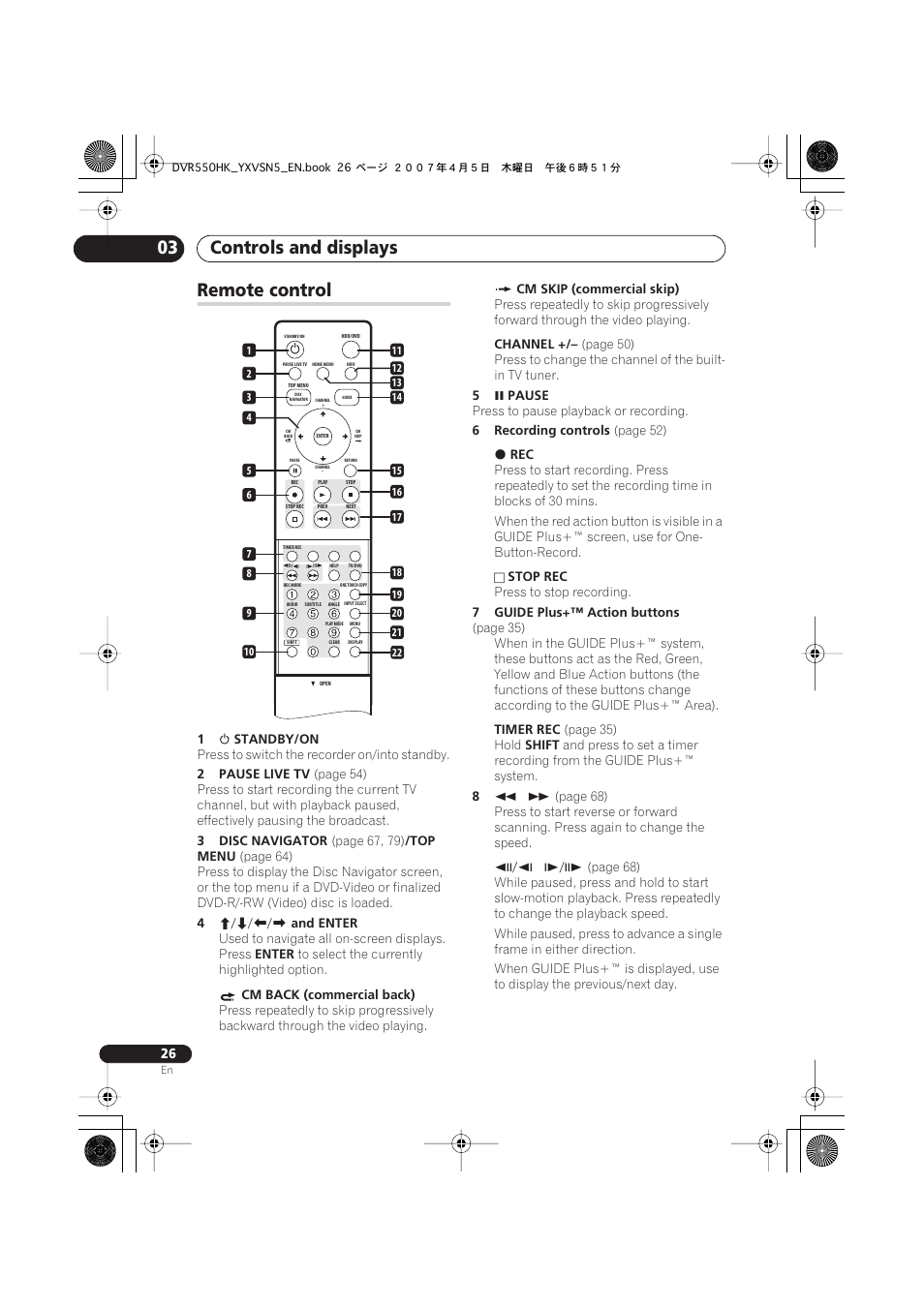 Remote control, Controls and displays 03 | Pioneer DVR-550H-K User Manual | Page 26 / 142