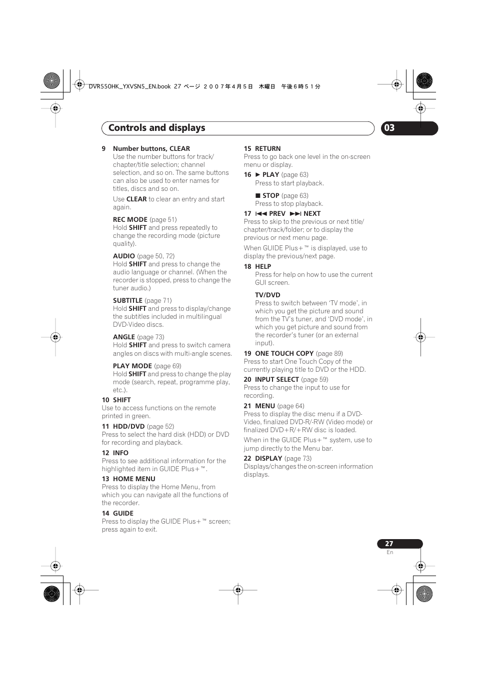 Controls and displays | Pioneer DVR-550H-K User Manual | Page 27 / 142