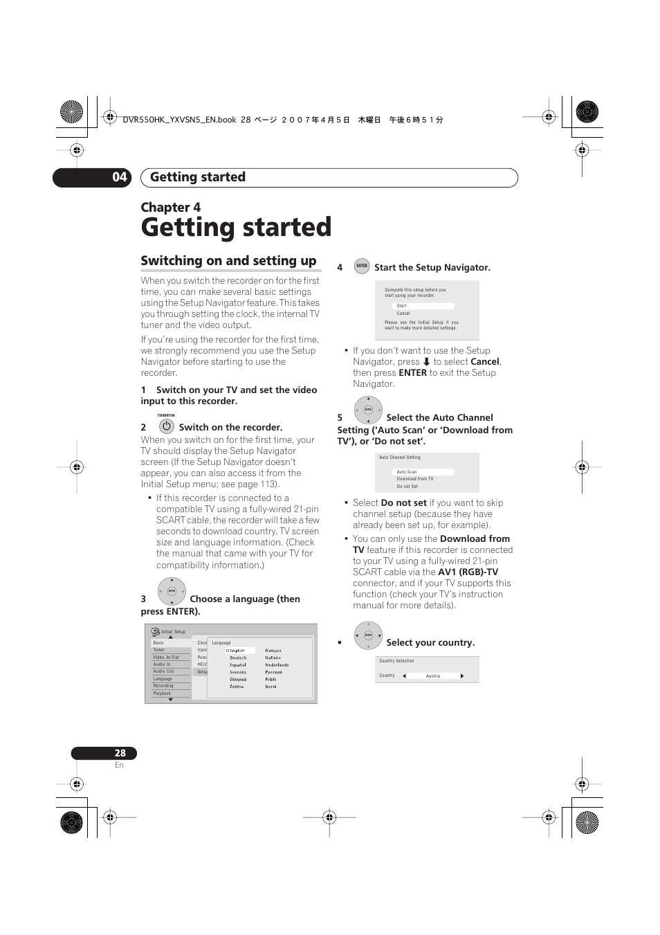 04 getting started, Switching on and setting up, Getting started | Getting started 04, Chapter 4 | Pioneer DVR-550H-K User Manual | Page 28 / 142