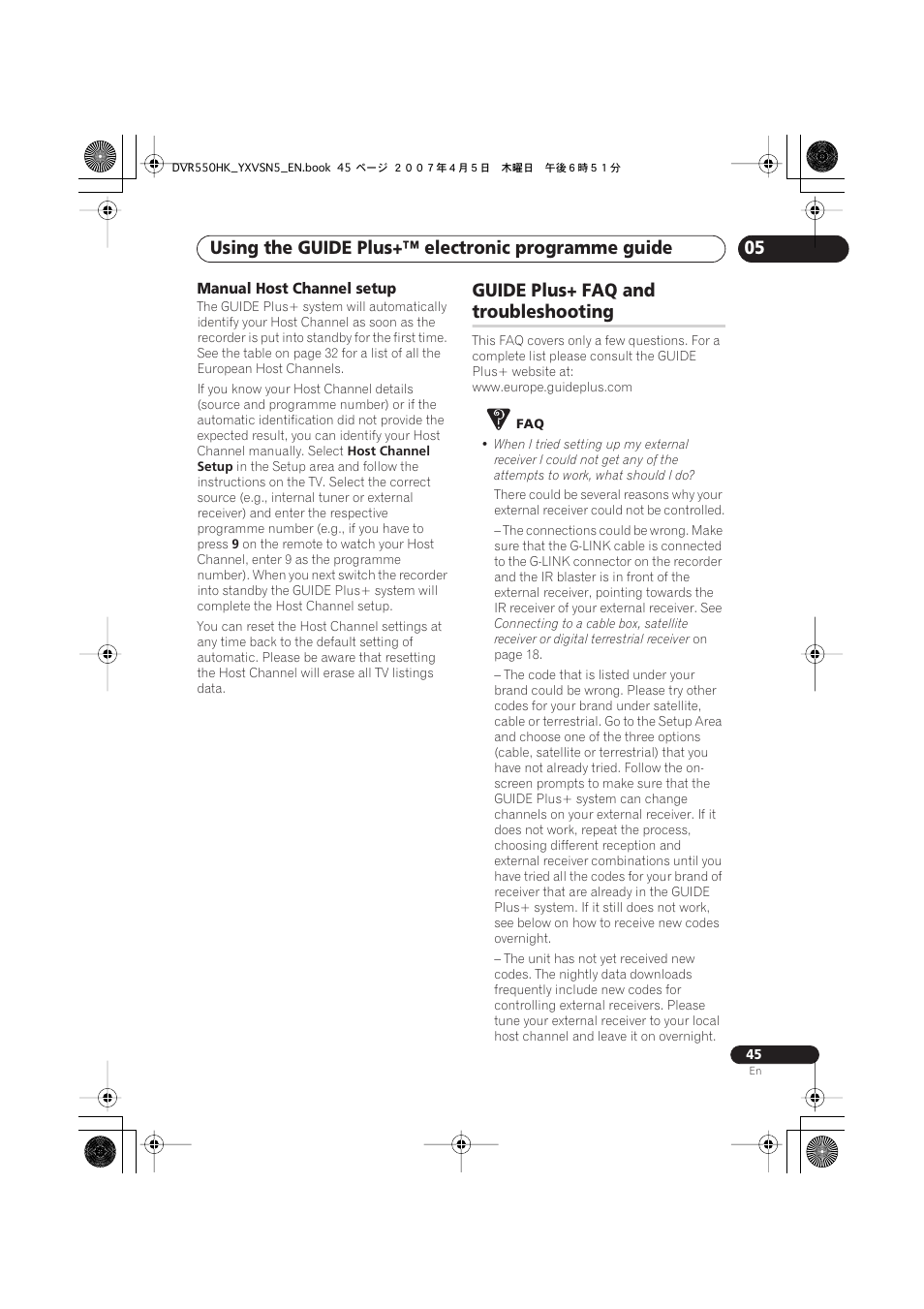 Guide plus+™ faq and troubleshooting, Using the guide plus+™ electronic programme guide, Guide plus+ faq and | Troubleshooting | Pioneer DVR-550H-K User Manual | Page 45 / 142