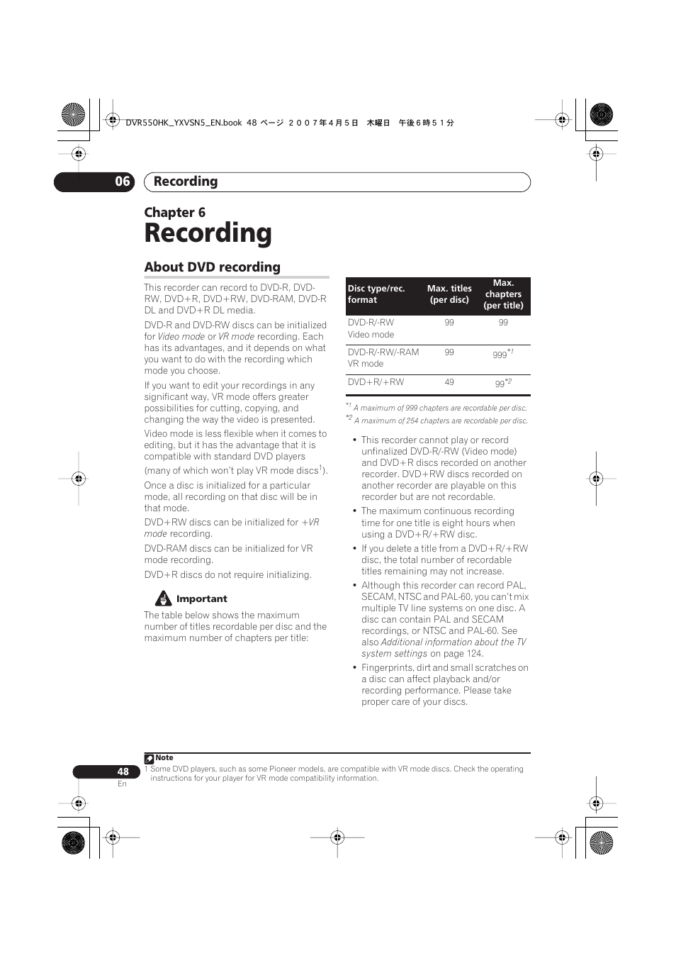06 recording, About dvd recording, Recording | Recording 06, Chapter 6 | Pioneer DVR-550H-K User Manual | Page 48 / 142