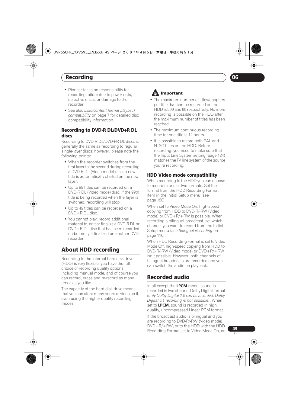 About hdd recording, Recorded audio, Recording | Pioneer DVR-550H-K User Manual | Page 49 / 142