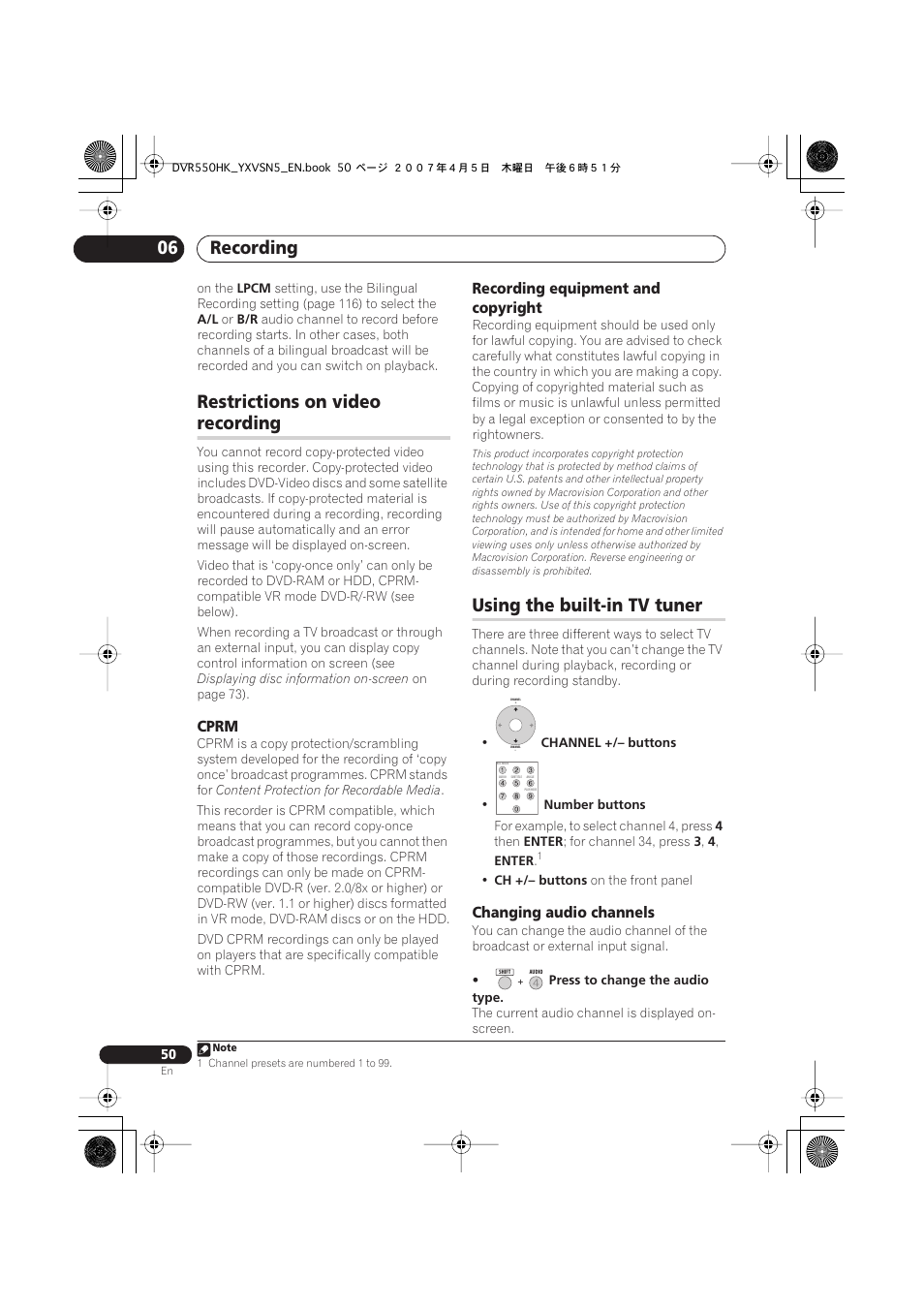 Restrictions on video recording, Using the built-in tv tuner, Recording 06 | Restrictions on video, Recording | Pioneer DVR-550H-K User Manual | Page 50 / 142