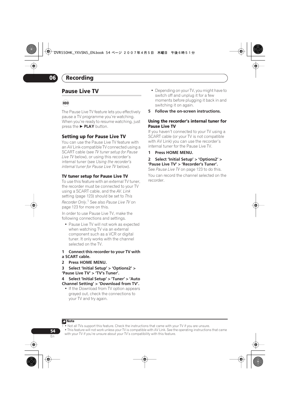 Pause live tv, Recording 06 | Pioneer DVR-550H-K User Manual | Page 54 / 142
