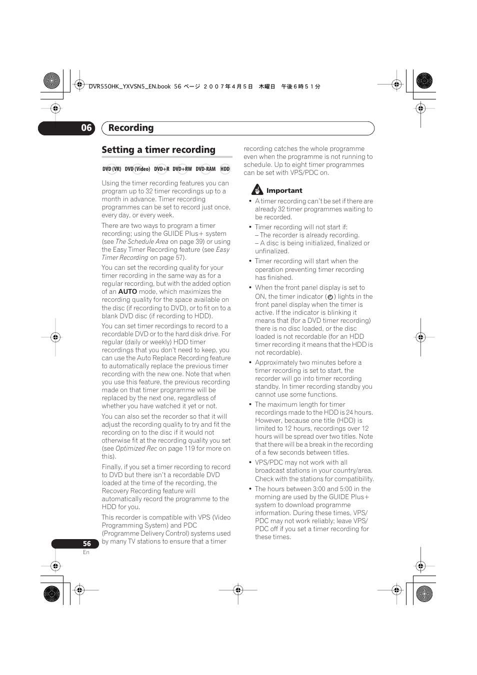 Setting a timer recording, Recording 06 | Pioneer DVR-550H-K User Manual | Page 56 / 142