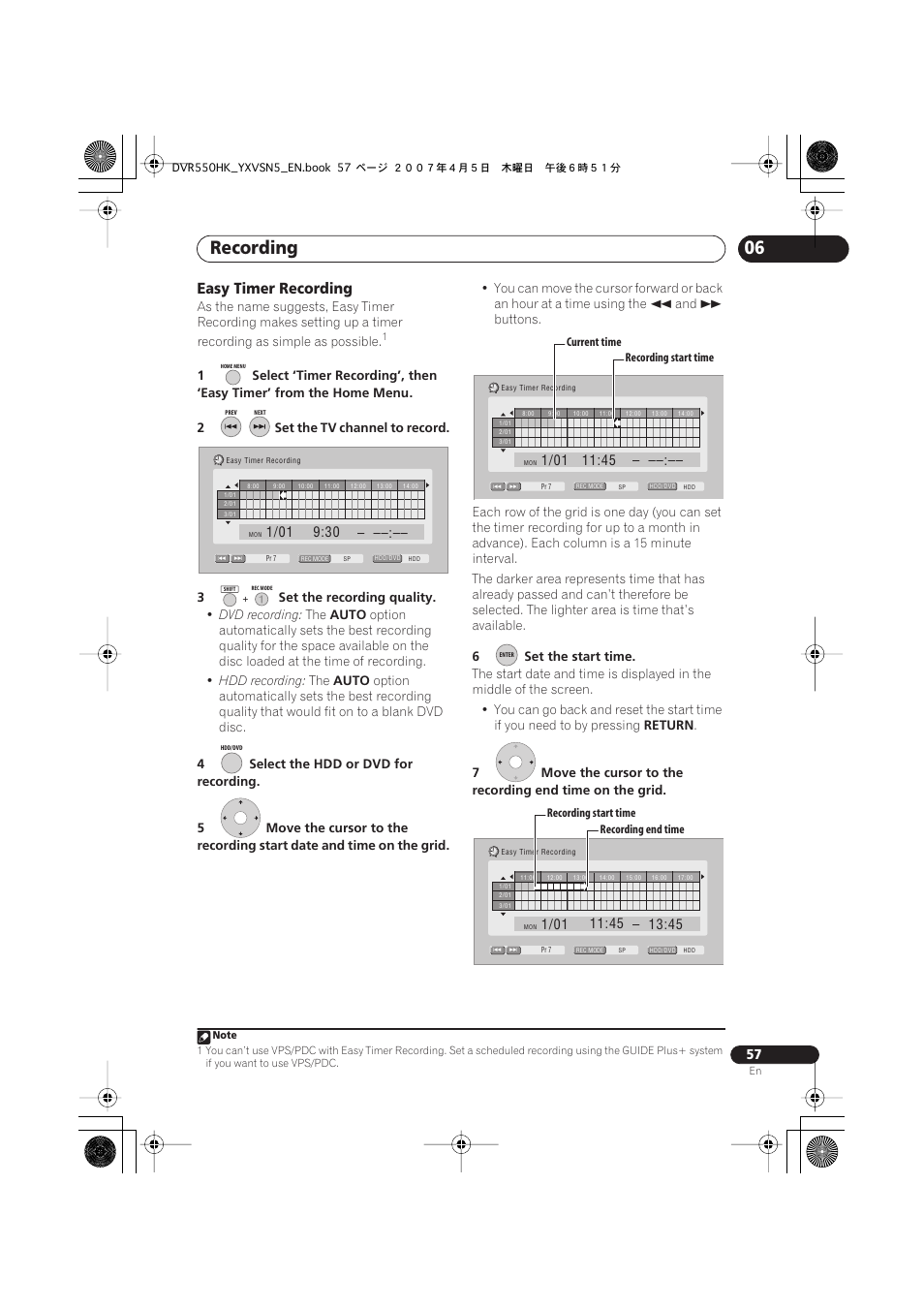 Recording, Easy timer recording | Pioneer DVR-550H-K User Manual | Page 57 / 142
