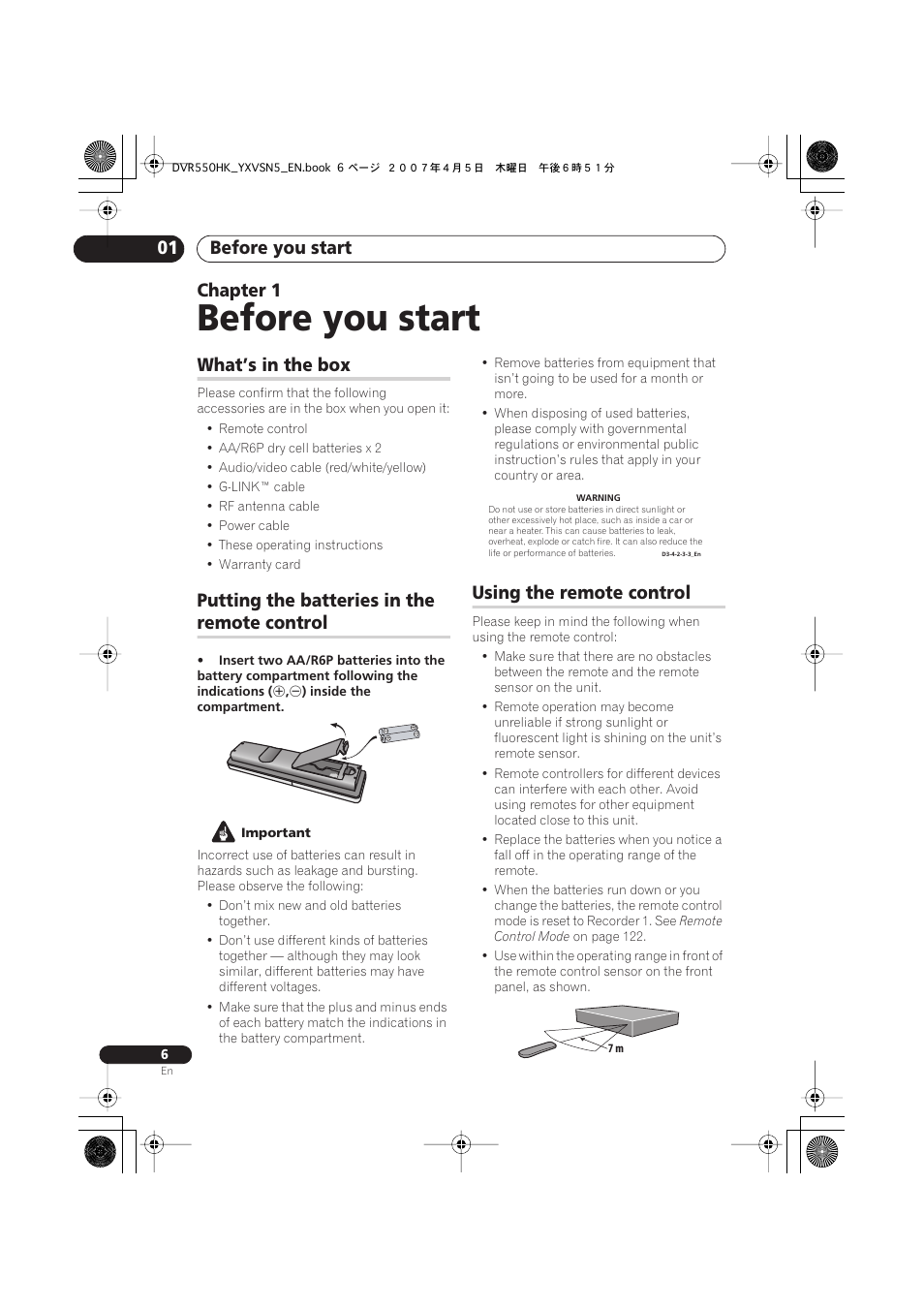 01 before you start, What’s in the box, Putting the batteries in the remote control | Using the remote control, Before you start, Before you start 01, Chapter 1, Putting the batteries in the, Remote control | Pioneer DVR-550H-K User Manual | Page 6 / 142