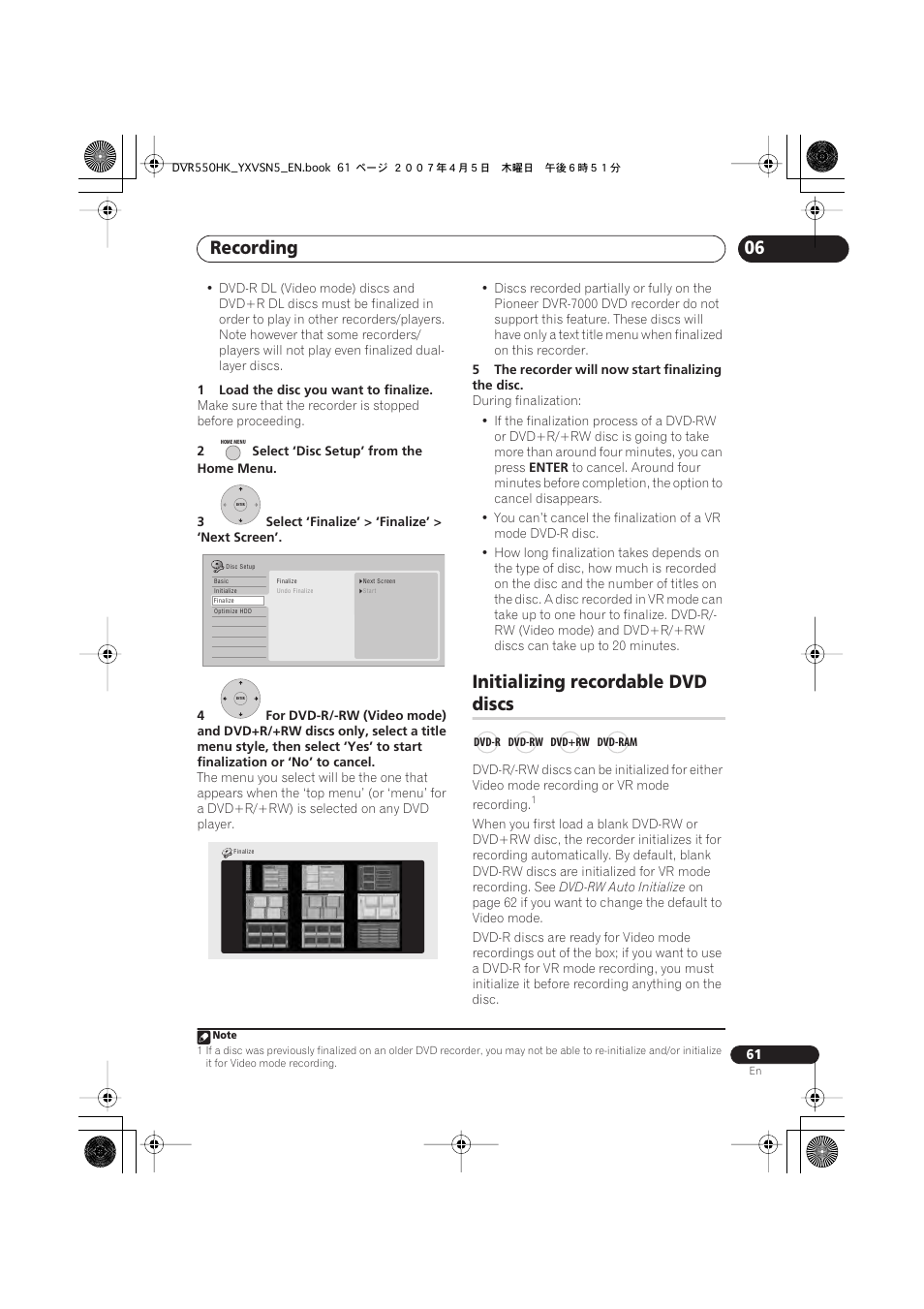 Initializing recordable dvd discs, Recording, Initializing recordable dvd | Discs | Pioneer DVR-550H-K User Manual | Page 61 / 142