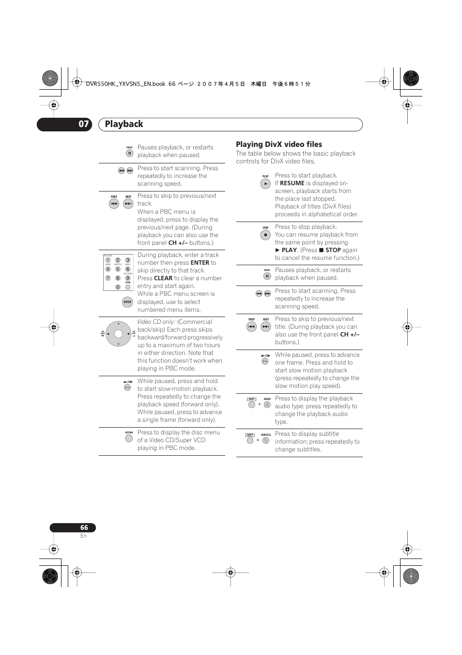 Playback 07, Playing divx video files | Pioneer DVR-550H-K User Manual | Page 66 / 142