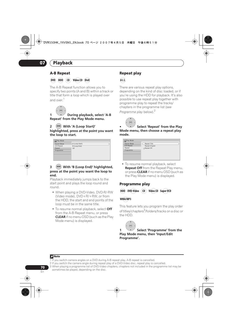 Playback 07, A-b repeat, Repeat play | Programme play | Pioneer DVR-550H-K User Manual | Page 70 / 142