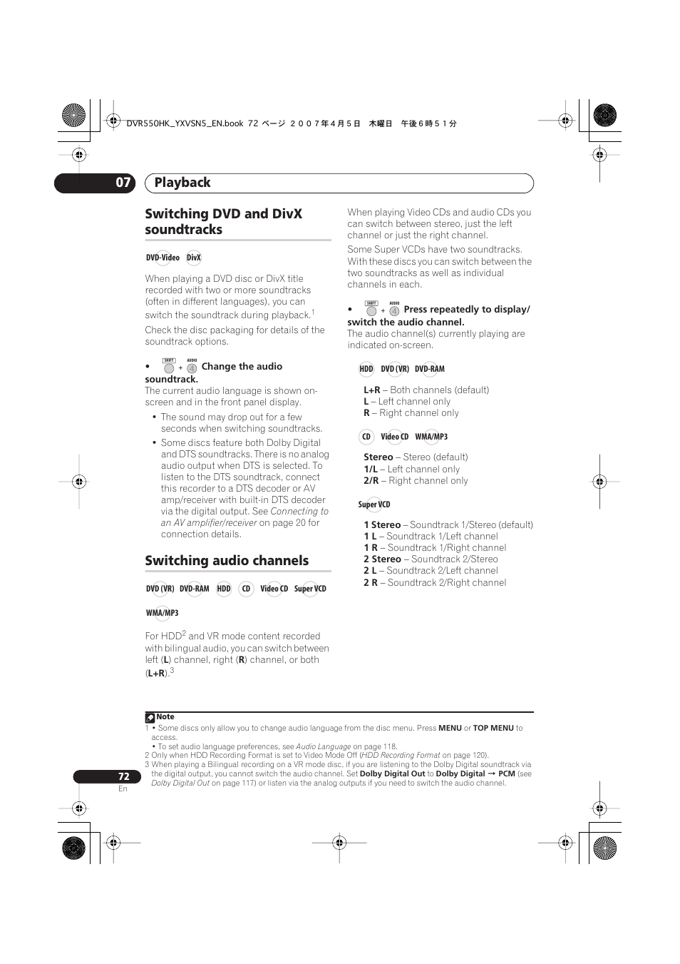 Switching dvd and divx soundtracks, Switching audio channels, Playback 07 | Switching dvd and divx, Soundtracks | Pioneer DVR-550H-K User Manual | Page 72 / 142
