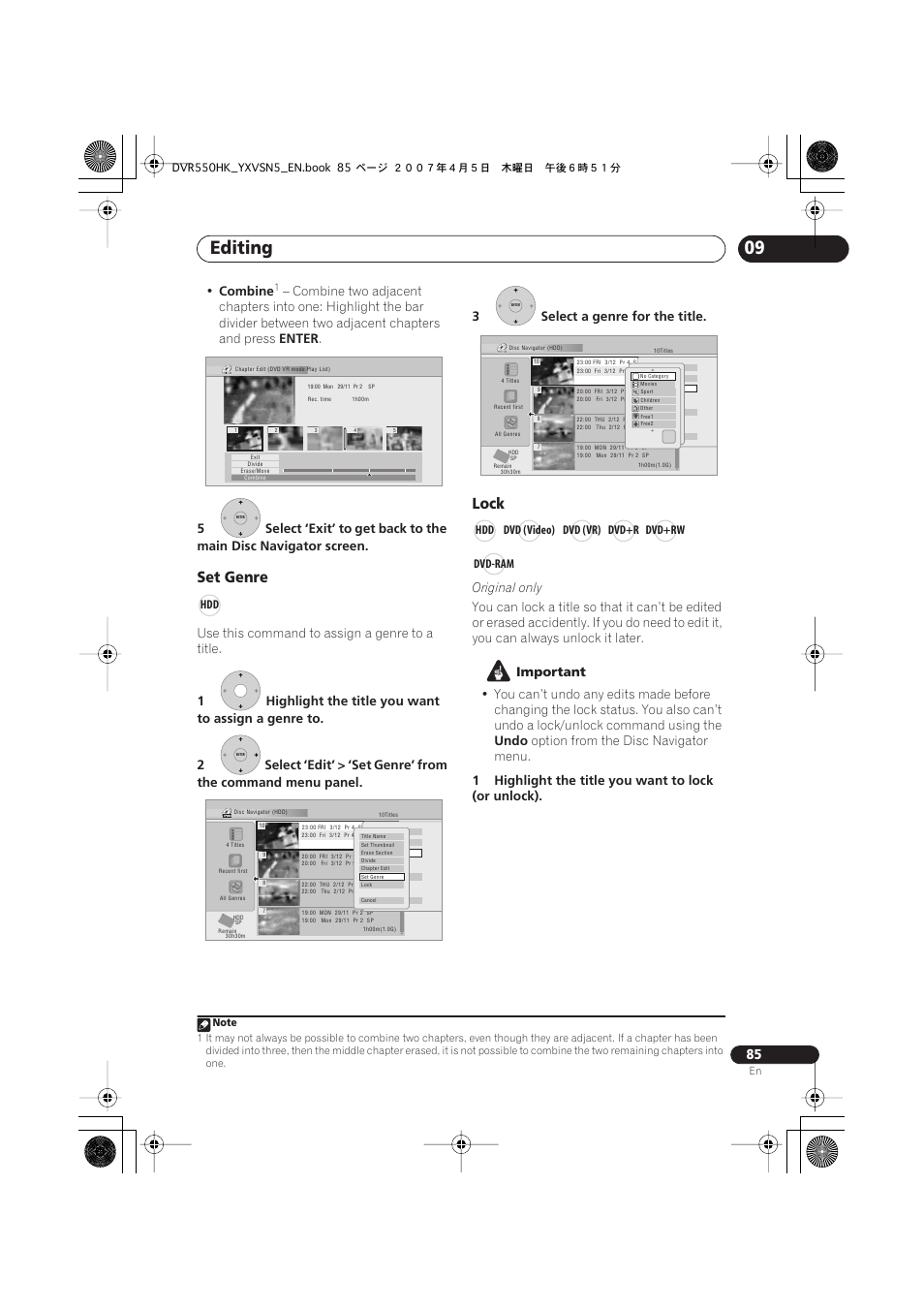 Editing, Set genre, Lock | Combine, Enter, Use this command to assign a genre to a title, Original only, Important, Undo, Option from the disc navigator menu | Pioneer DVR-550H-K User Manual | Page 85 / 142