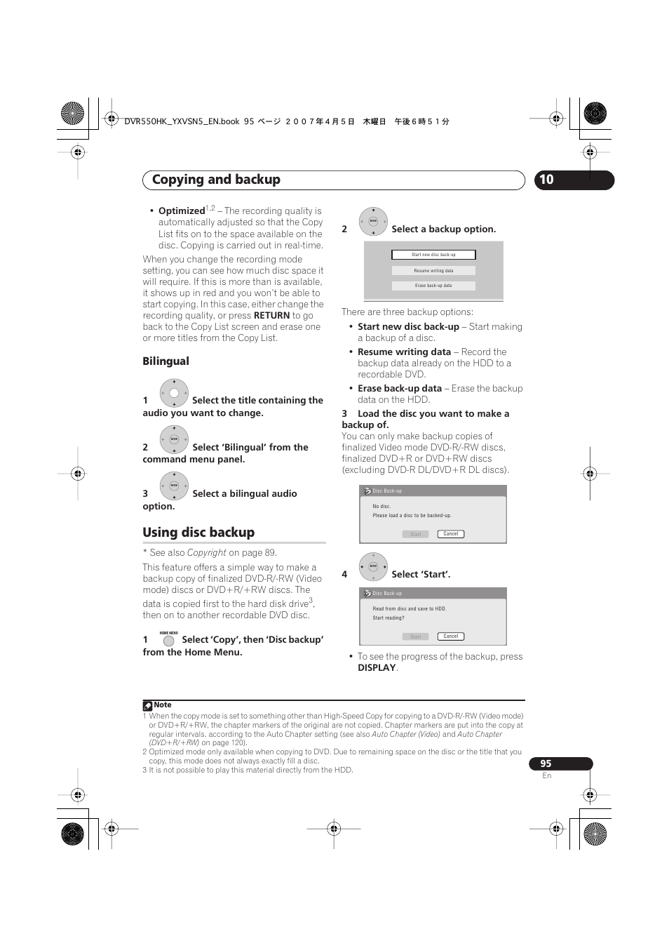 Using disc backup, Copying and backup, Bilingual | Pioneer DVR-550H-K User Manual | Page 95 / 142