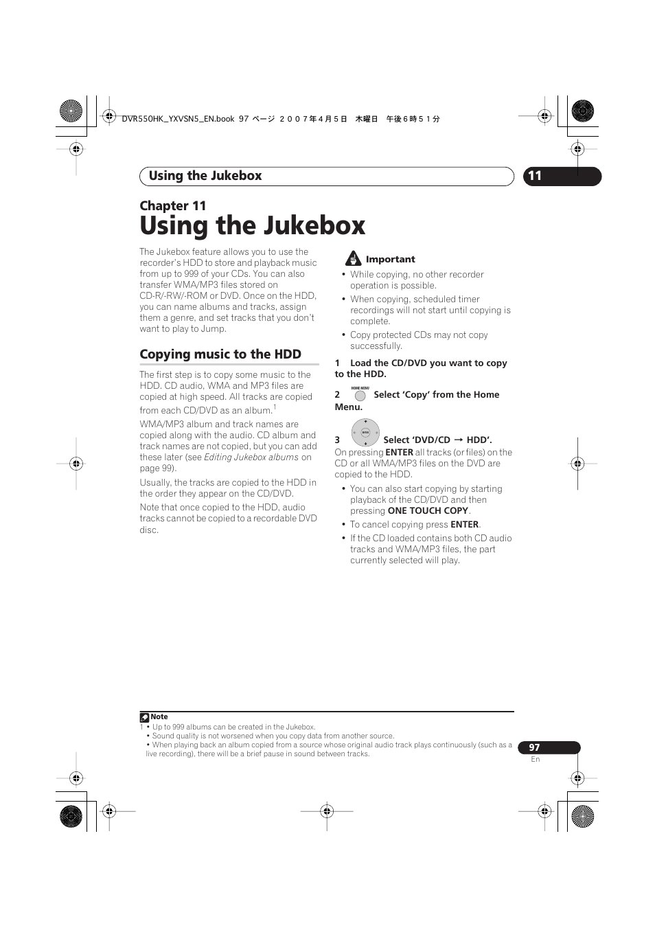 11 using the jukebox, Copying music to the hdd, Using the jukebox | 11 chapter 11 | Pioneer DVR-550H-K User Manual | Page 97 / 142