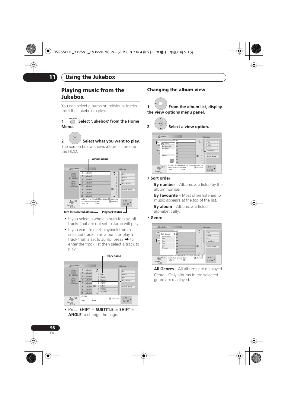 Playing music from the jukebox, Using the jukebox 11, Playing music from the | Jukebox, Changing the album view, Shift, Subtitle, Angle, Sort order by number, Albums are listed by the album number | Pioneer DVR-550H-K User Manual | Page 98 / 142