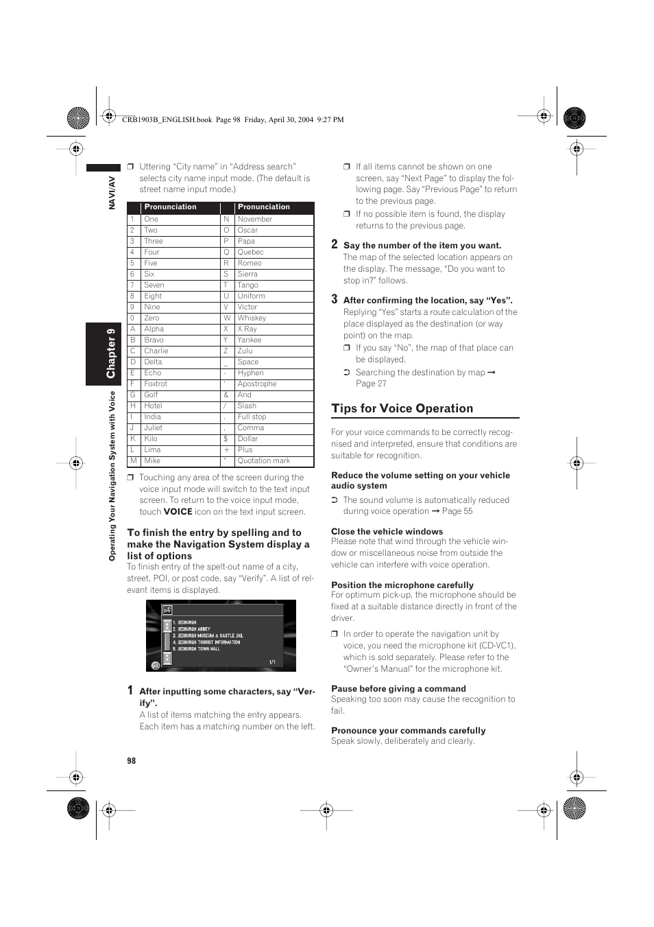 Tips for voice operation, Chapter 9 | Pioneer AVIC-X1 User Manual | Page 100 / 124