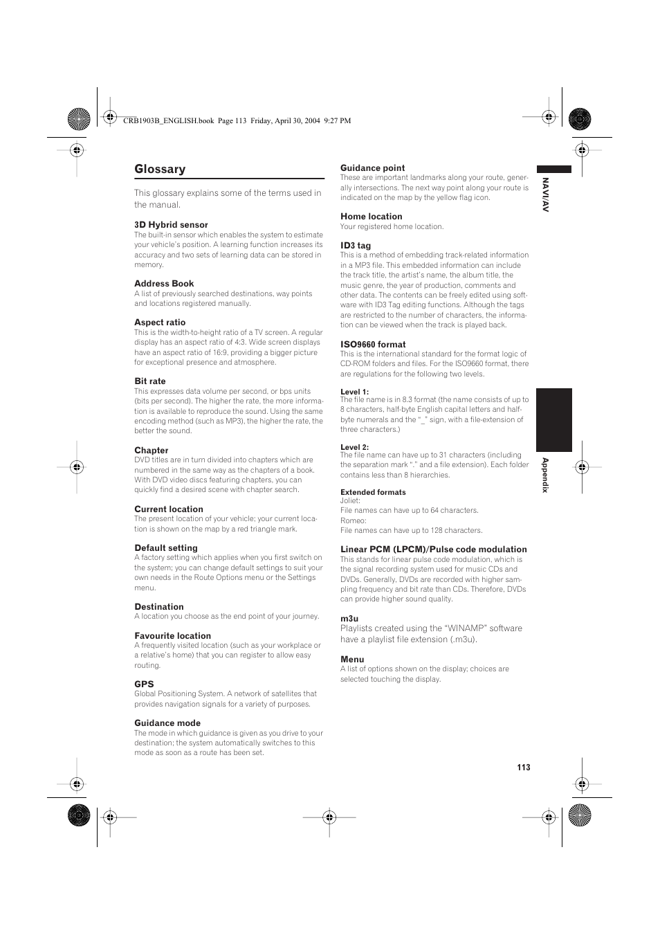 Glossary | Pioneer AVIC-X1 User Manual | Page 115 / 124