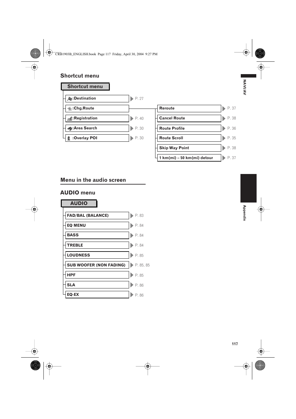 Shortcut menu menu in the audio screen audio menu, Shortcut menu, Audio | Pioneer AVIC-X1 User Manual | Page 119 / 124