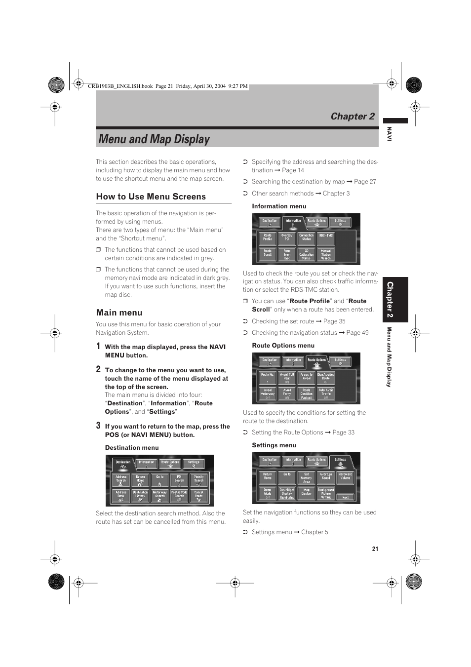 Menu and map display, Chapter 2, How to use menu screens | Main menu | Pioneer AVIC-X1 User Manual | Page 23 / 124