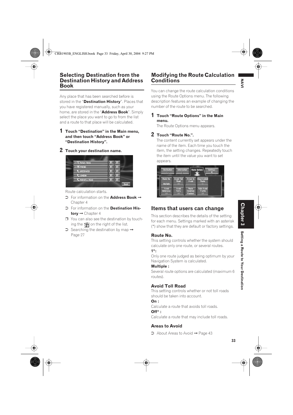 Modifying the route calculation conditions, Items that users can change | Pioneer AVIC-X1 User Manual | Page 35 / 124