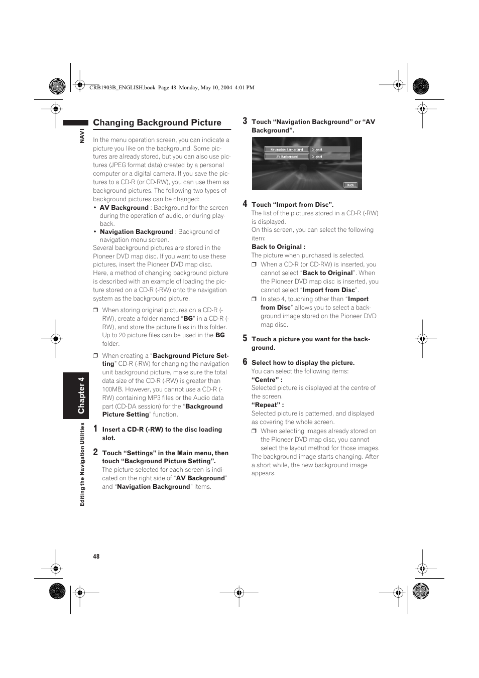 Changing background picture | Pioneer AVIC-X1 User Manual | Page 50 / 124