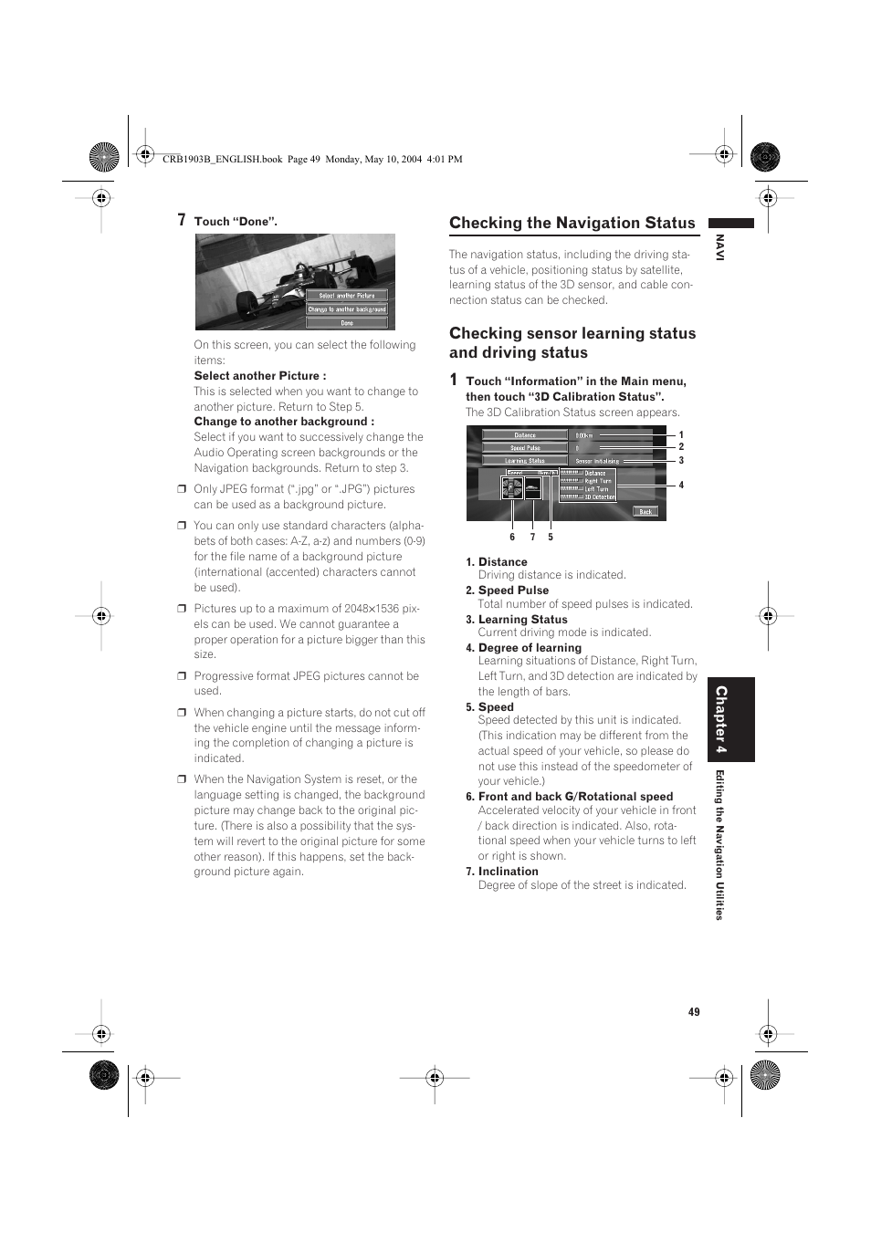 Checking the navigation status, Checking sensor learning status and driving status, Chapter 4 | Pioneer AVIC-X1 User Manual | Page 51 / 124