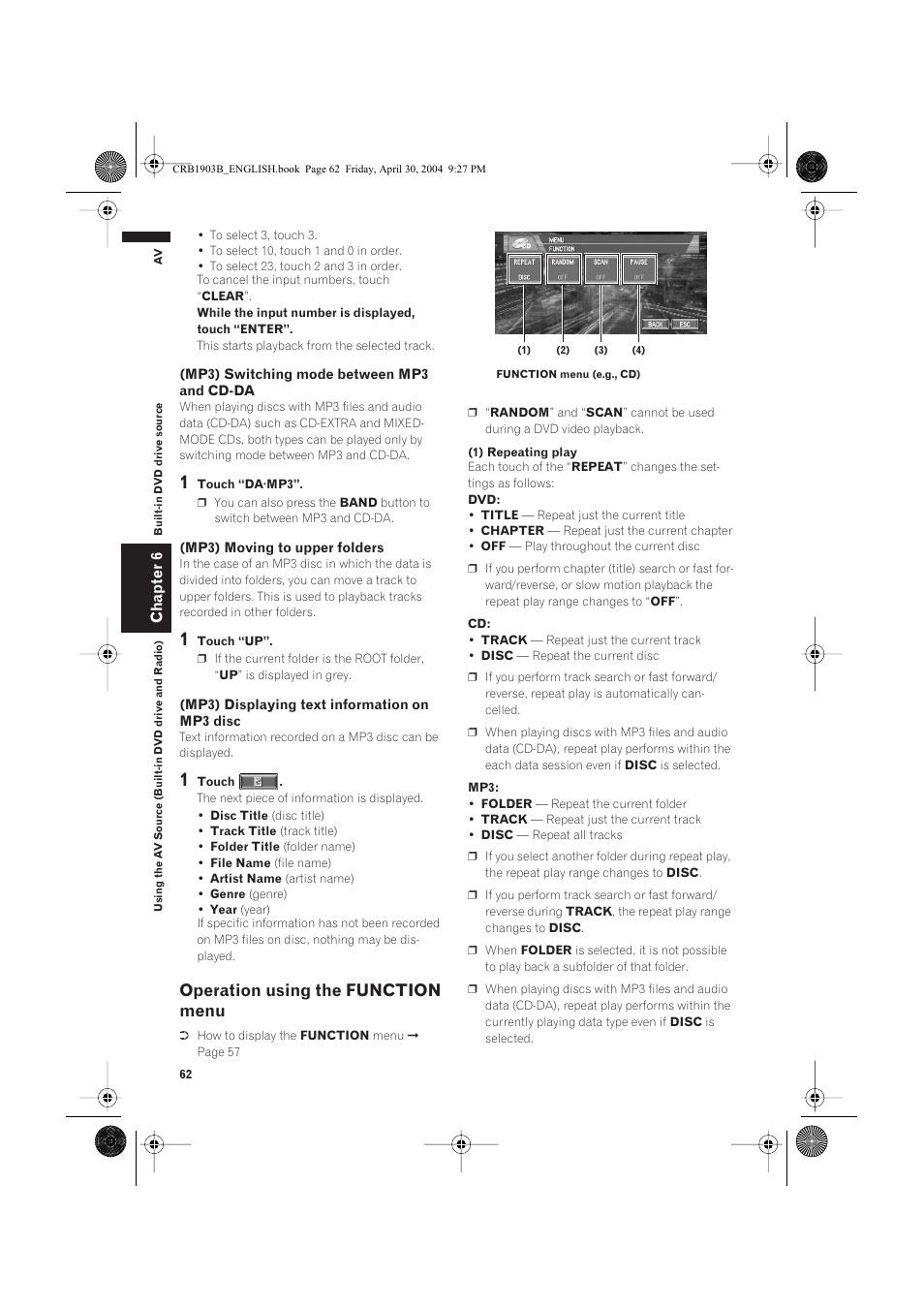 Operation using the function menu | Pioneer AVIC-X1 User Manual | Page 64 / 124